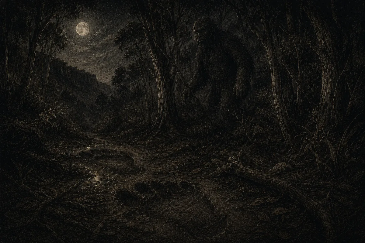 In the eucalypt forest lit by the full moon a hairy bipedal figure stands still among the trunks; on the muddy path in the foreground enormous footprints remain.