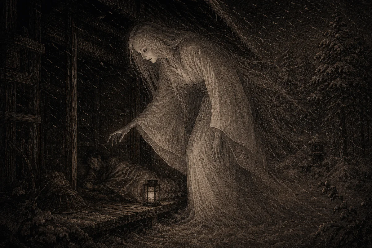 In the night blizzard, before the open threshold of a wooden hut, a very tall female figure with white hair and a pale robe bends down, stretching her hand towards a man who sleeps on the boards; beside him a lit lantern and a straw hat, and all around the snow and the firs.